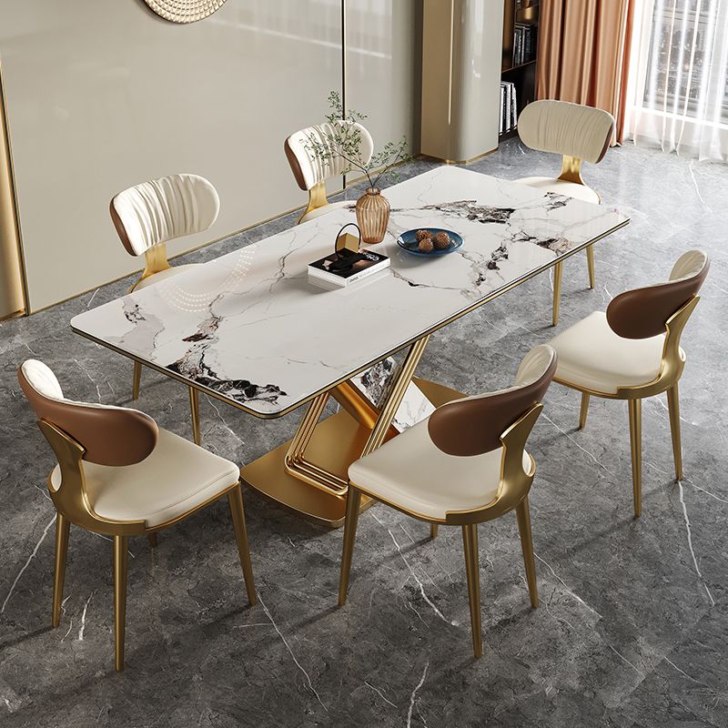 Modern Style Sintered Stone Dining Table with White Fixed Table and Trestle Base for Home Use Clearhalo 'Dining Room Sets' 'Dining Tables & Seating' 'dining_room_set' 'furn' 'furn_dining_room_set' 'Furniture' 'furniture_dining_room_set' 'Kitchen & Dining Furniture' 'kitchen&dining_furn' 'kitchen' 1200x1200_e4686132-d66c-4543-8758-93bdd05ef74f