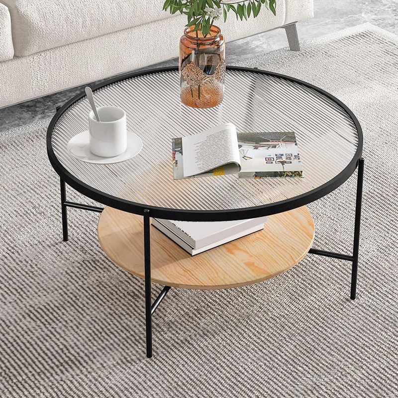 Mesa de centro individual contemporánea con tapa de cristal redonda de 4 patas y estante de almacenamiento
