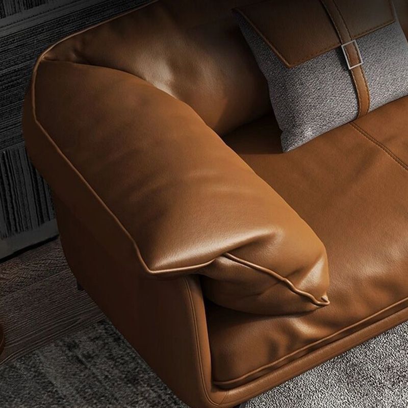 Contemporary Leathe Pillow Top Arm Sofa Set with Pillows in Brown