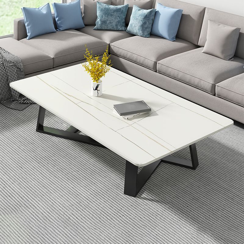 Modern Rectangle Coffee or End Table Stone and Steel Coffee Table with Cross Legs