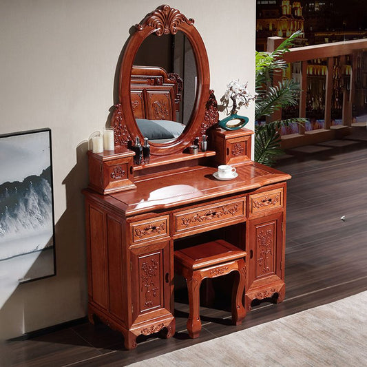 Vanity in legno massiccio in legno rosso e marrone con cassetto e specchio