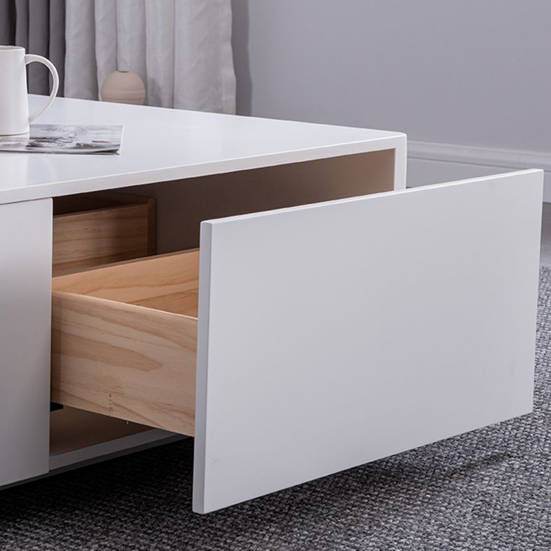 4 Drawers Contemporary Coffee Table in White Solid Wood 13.8" H Cocktail Table
