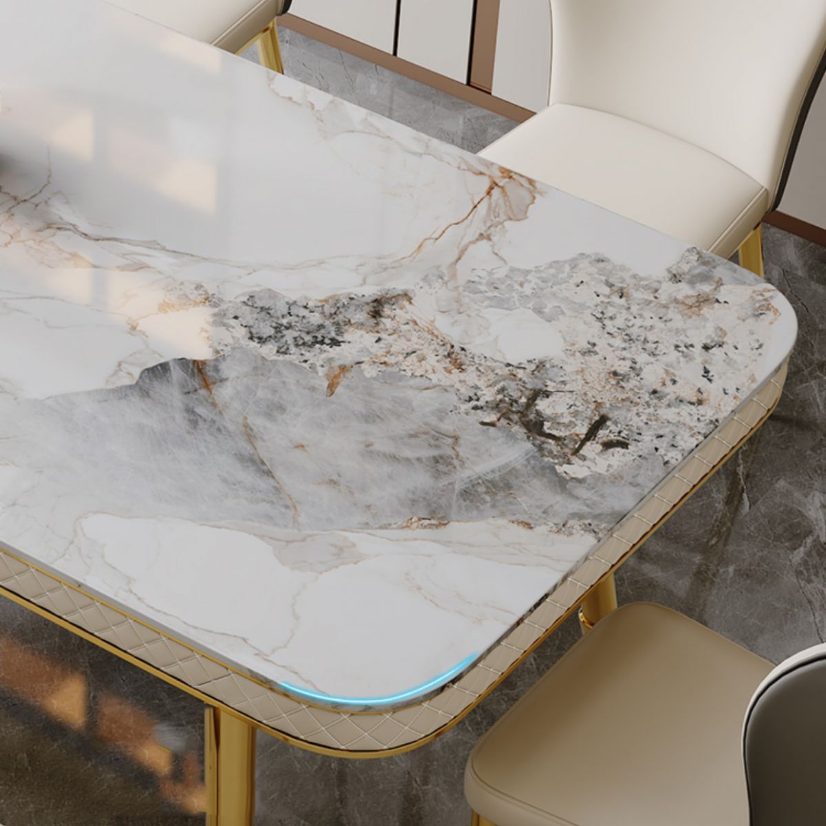 グラムダイニングテーブルセット1/5 PCS布張りのサイドチェア付き長方形のダイニングテーブル