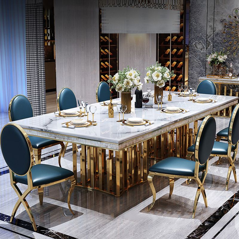 Traditional Luxury Marble Dining Table Rectangle Table with Metal Double Pedestal in Gold Clearhalo ' dining_table' 'Dining Tables & Seating' 'Dining Tables' 'furn' 'furn_dining_table' 'Furniture' 'furniture_dining_table' 'Kitchen & Dining Furniture' 'kitchen&dining_furn' 'kitchen' 'kitchen_dining_table' 1200x1200_e4bcf6f8-d66e-41df-99f4-bdc7ac7942cb