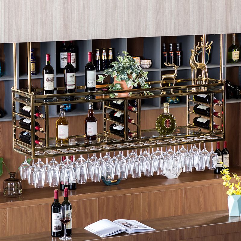 Porta del vino sospeso in metallo da cucina con supporto di vetro e scaffale