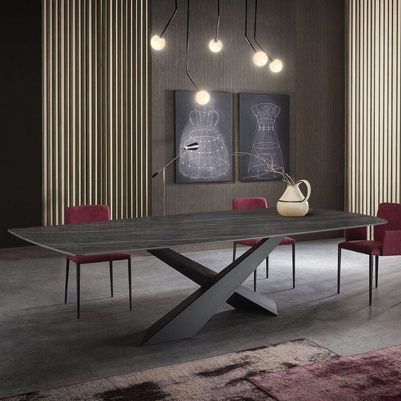 Contemporary Style Rectangle Dining Table Sintered Stone Table with Metal Legs for Kitchen