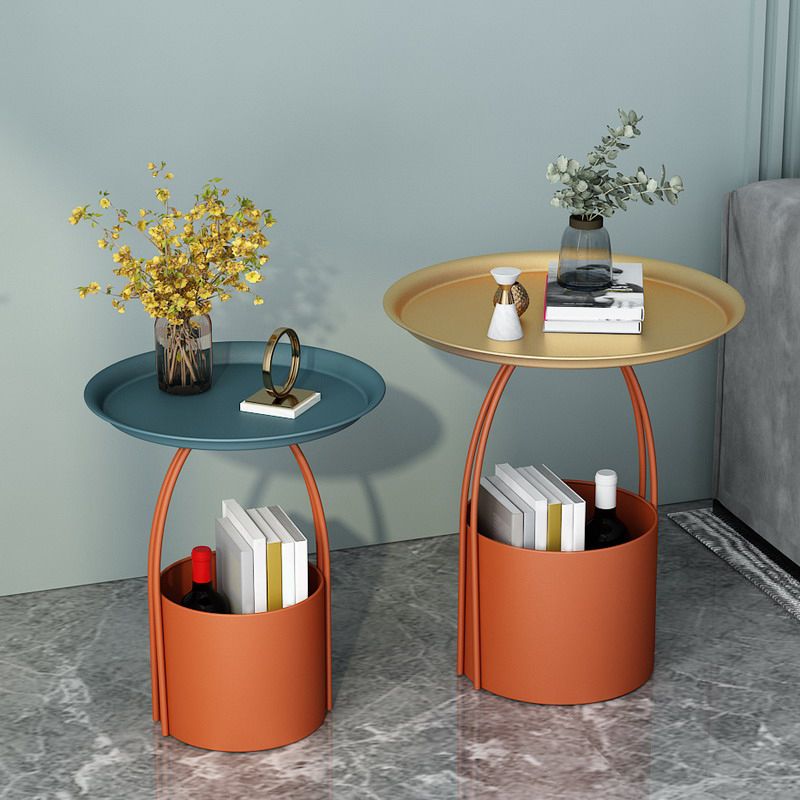 ミッドセンチュリーラウンドトレイトップサイドテーブル保管付きの鉄の台座エンドテーブル