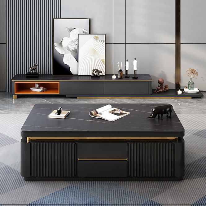 Wooden Block Cocktail Table with Drawers Glam Slate Top 4-Door Coffee Table Clearhalo 'Coffee & Accent Tables' 'Coffee Tables' 'coffee_tables' 'furn' 'furn_coffee_tables' 'Furniture' 'Living Room Furniture' 1200x1200_e4cab871-30bf-4782-b50d-486c7b3b2928