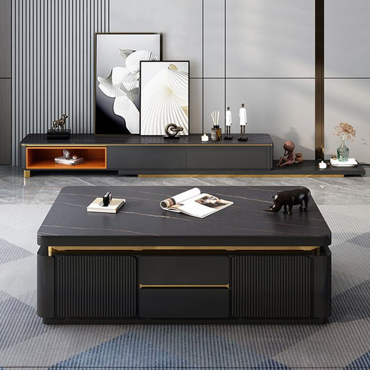 Wooden Block Cocktail Table with Drawers Glam Slate Top 4-Door Coffee Table Clearhalo 'Coffee & Accent Tables' 'Coffee Tables' 'coffee_tables' 'furn' 'furn_coffee_tables' 'Furniture' 'Living Room Furniture' 1200x1200_e4cab871-30bf-4782-b50d-486c7b3b2928