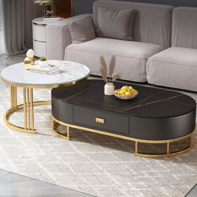 Glam Coffee Table Oval Nesting Nesting Coffee Table with Drawer Slate Cocktail Table Clearhalo 'Coffee & Accent Tables' 'Coffee Tables' 'coffee_tables' 'furn' 'furn_coffee_tables' 'Furniture' 'Living Room Furniture' 1200x1200_e4ceed9b-16e5-413c-b1e0-03f3665841bd