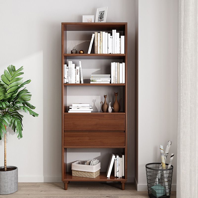 Modern Open Back Bookcase Wooden Bookshelf with 2 Drawers for Bedroom