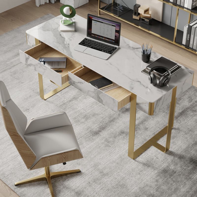 Escritorio de oficina blanco curvo con 2 cajones escritura de escritura para el hogar