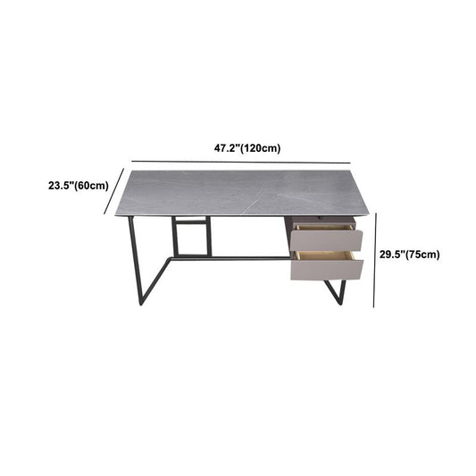 Rectangular Grey Writing Desk Metal and Stone Office Desk with 2 Drawers