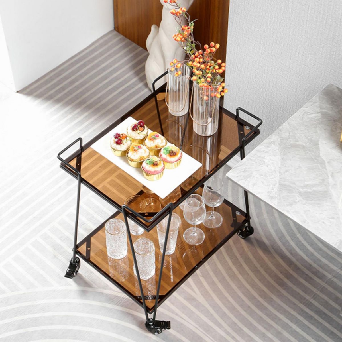 Contemporary 23.62"H Rolling Prep Table Rectangular Metal Prep Table for Dining Room