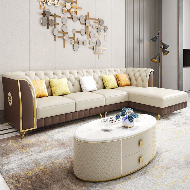 Guida pelle lussuosa divano posteriore trapuntato sezionale e chaise con 5 cuscini