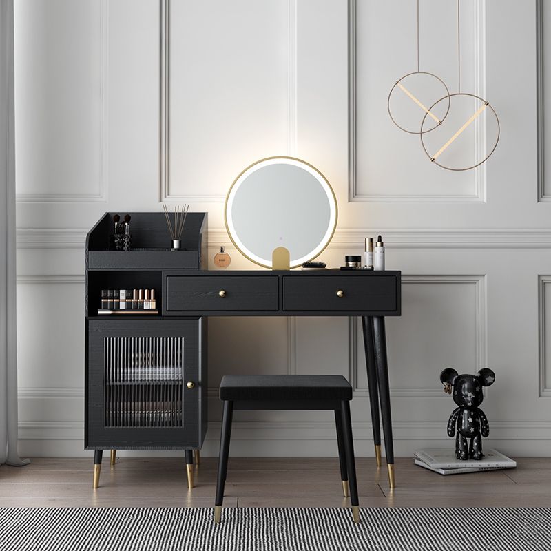 Contemporary Solid Wood Vanity Dressing Table with Mirror and Stool