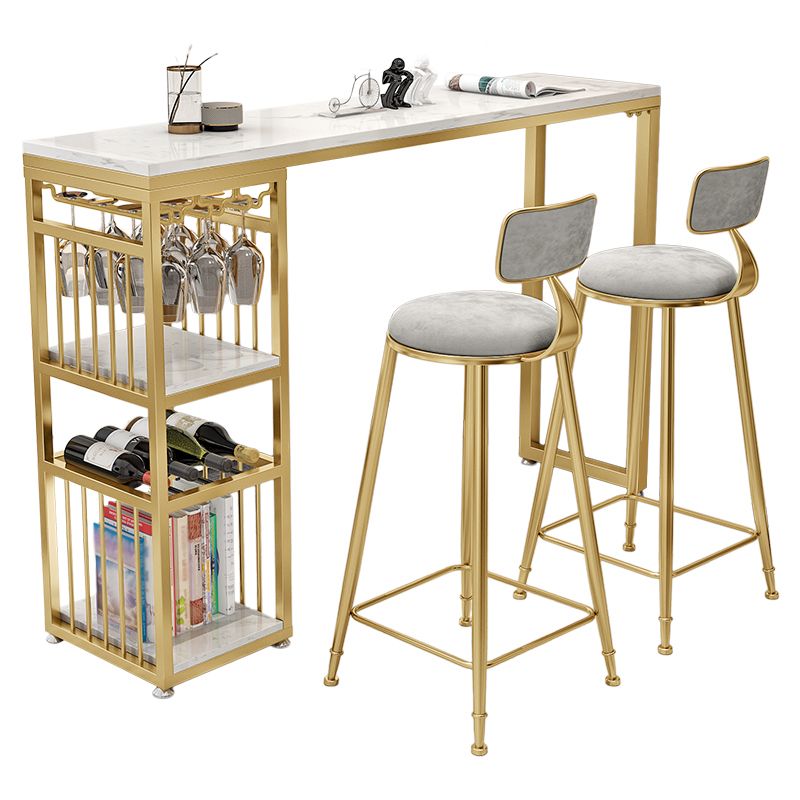 Glam White Marble Bar Dining Table Iron Double Pedestal Bistro Table with Shelve Clearhalo 'Bar Furniture' 'Bar Tables' 'bar_tables' 'furn' 'furn_bar_tables' 'Furniture' 'furniture_bar_tables' 'Kitchen & Dining Furniture' 'kitchen&dining_furn' 'kitchen' 1200x1200_e57d7de6-d66a-4af6-b839-f2c55f9f87c3