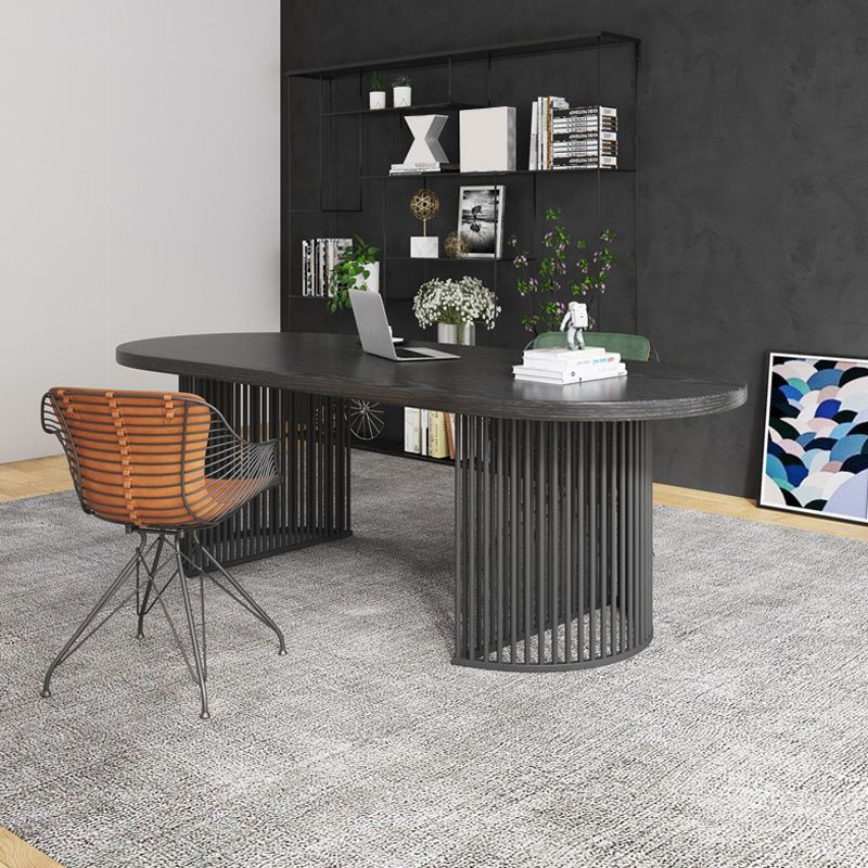 Solid Wood Oval Writing Desk 29.53-inch Tall Black Office Desk with Iron Legs Clearhalo 'furn' 'furn_office_desk' 'Furniture' 'Office Desks' 'Office Furniture' 'office_desk' 1200x1200_e5b46926-6807-4a1d-b5ba-e9caf235dfff