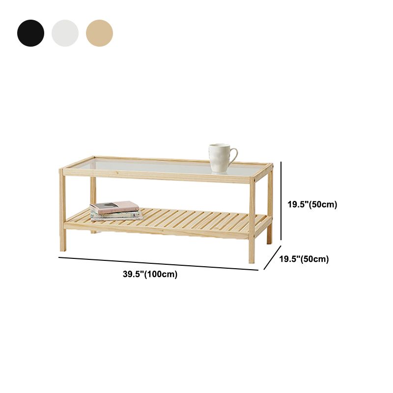 Modern Wooden Frame Coffe Table with Glass Top and Storage Shelf