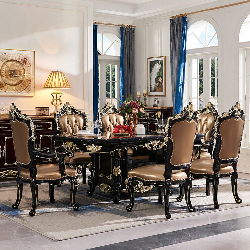 Glam Kitchen Table with Faux Marble Top Solid Wood Legs in Black Clearhalo 'Dining Tables & Seating' 'Dining Tables' 'dining_table' 'furn' 'furn_dining_table' 'Furniture' 'Kitchen & Dining Furniture' 1200x1200_e5fc3b7b-7569-4f28-8ca1-874c0f7690aa