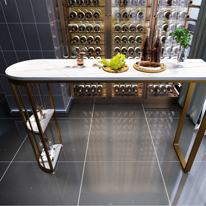 Glam White Stone Bistro Table Indoor Iron Double Pedestal Bar Dining Table with 2-Shelf Clearhalo 'Bar Furniture' 'Bar Tables' 'bar_tables' 'furn' 'furn_bar_tables' 'Furniture' 'furniture_bar_tables' 'Kitchen & Dining Furniture' 1200x1200_e5fff8ed-a45c-41ca-8220-57ab5d6064b2