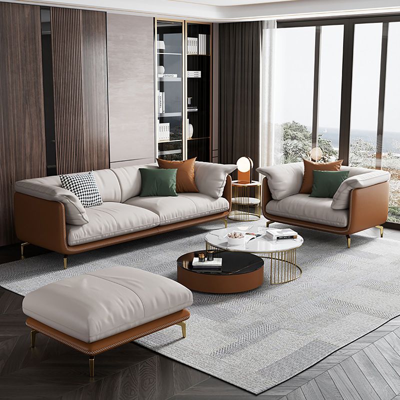 Modern 32.67" H Genuine Leather Pillow Top Arm Sofa For Living Room