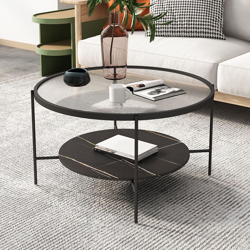 Modern Style Round Glass Table Plate Metal 4 Legs Base with Storage Rack Coffee Table Clearhalo 'Coffee & Accent Tables' 'Coffee Tables' 'coffee_tables' 'furn' 'furn_coffee_tables' 'Furniture' 'Living Room Furniture' 1200x1200_e6176d8f-b810-4997-8346-e756f0175b14