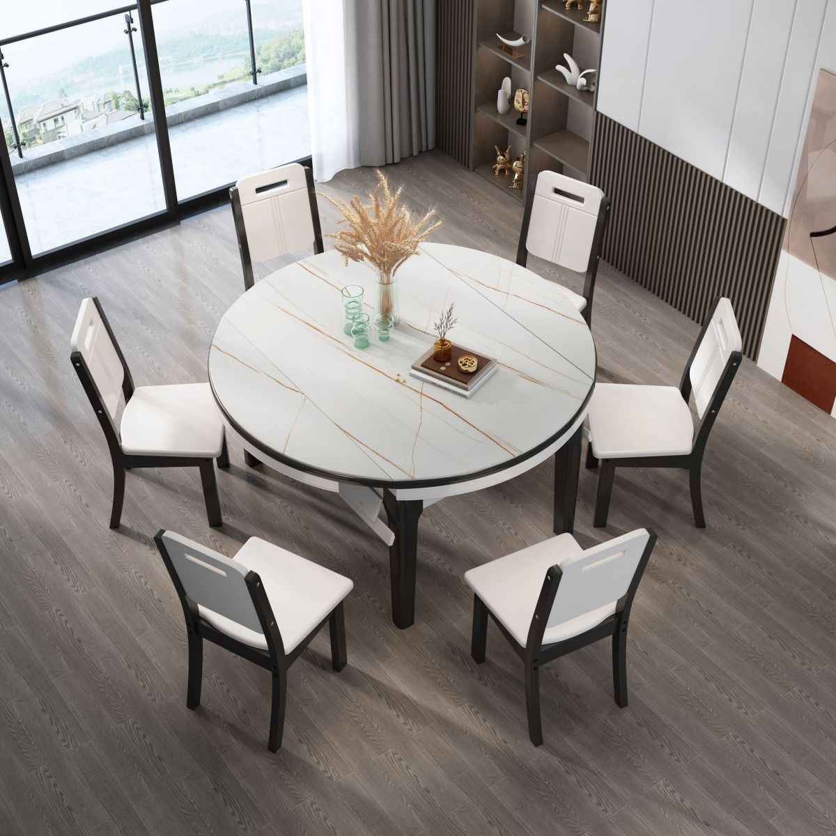 7 Pcs Modern Dining Room Set with Round Table and 4 Legs Base Dining Set with Armless Chairs Clearhalo 'Dining Room Sets' 'Dining Tables & Seating' 'dining_room_set' 'furn' 'furn_dining_room_set' 'Furniture' 'furniture_dining_room_set' 'Kitchen & Dining Furniture' 'kitchen&dining_furn' 'kitchen' 1200x1200_e639bb7a-292e-4b67-92c7-3b844a208c18