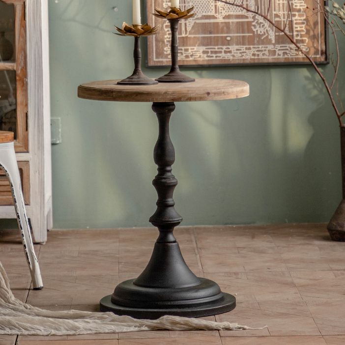 木製の丸いトップサイドテーブル苦しんでいる鉄の台座エンドテーブル