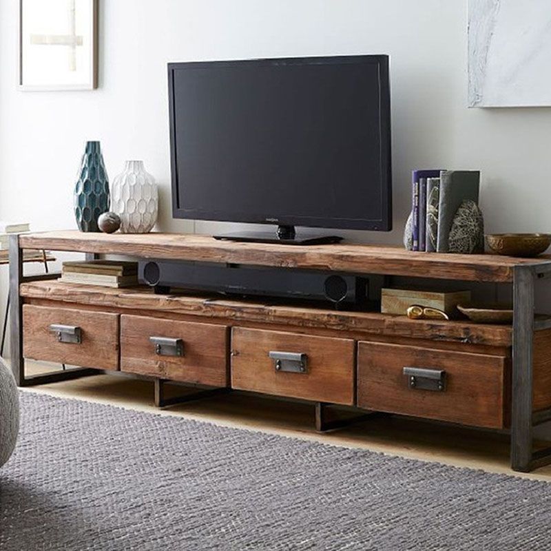 Industrial Style 4-Drawer TV Stand 21.65" H Wood & Iron Antique Brown TV Console Clearhalo 'furn' 'furn_tv_stands_entertainment_centers' 'Furniture' 'Living Room Furniture' 'TV Stands & Entertainment Centers' 'TV Stands & Media Storage Furniture' 'tv_stands_entertainment_centers' 1200x1200_e6662ff8-2665-4ce9-a59e-4521814b3606