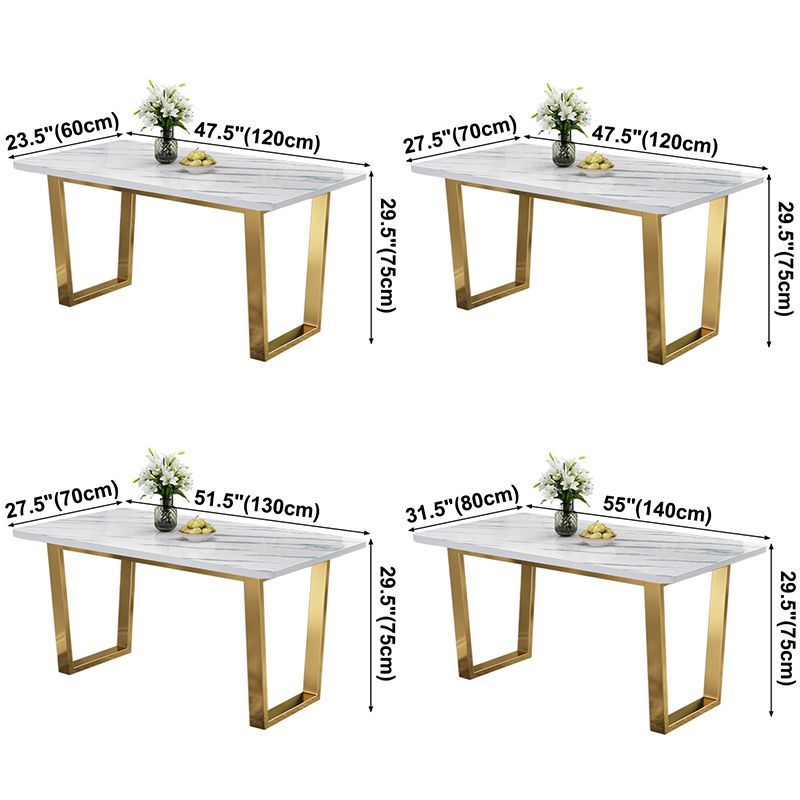 Table rectangulaire de luxe traditionnelle en métal, table en pierre frittée blanche avec base luge