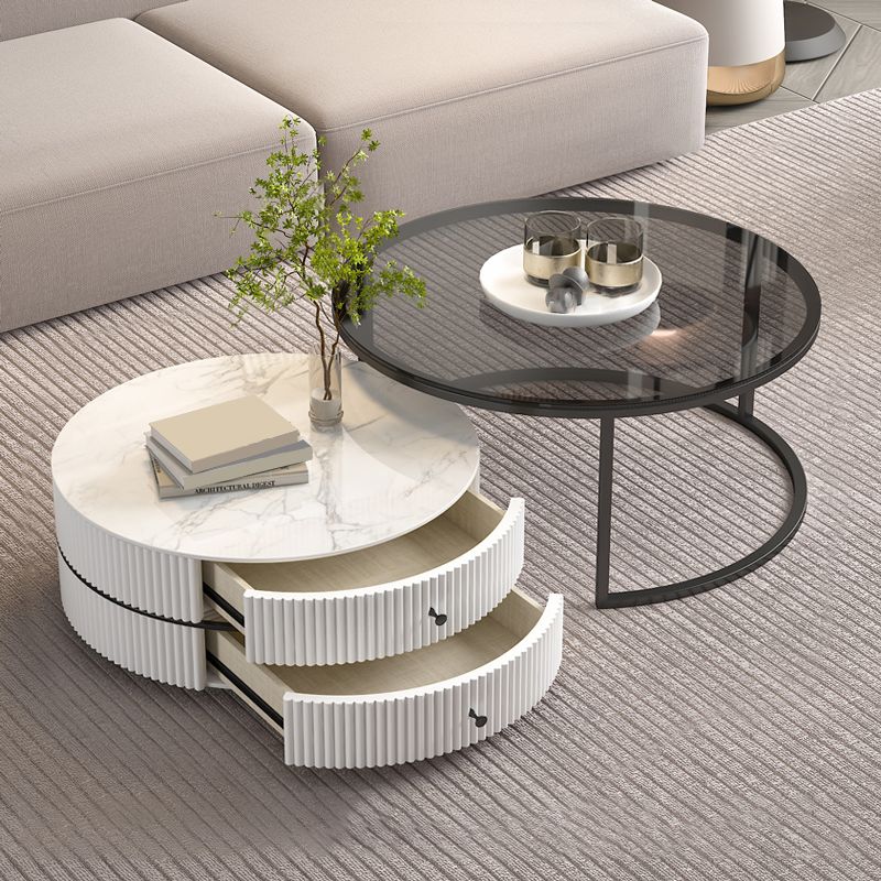 Frame Coffee Table Glass Top Cocktail Table with Storage Drawers