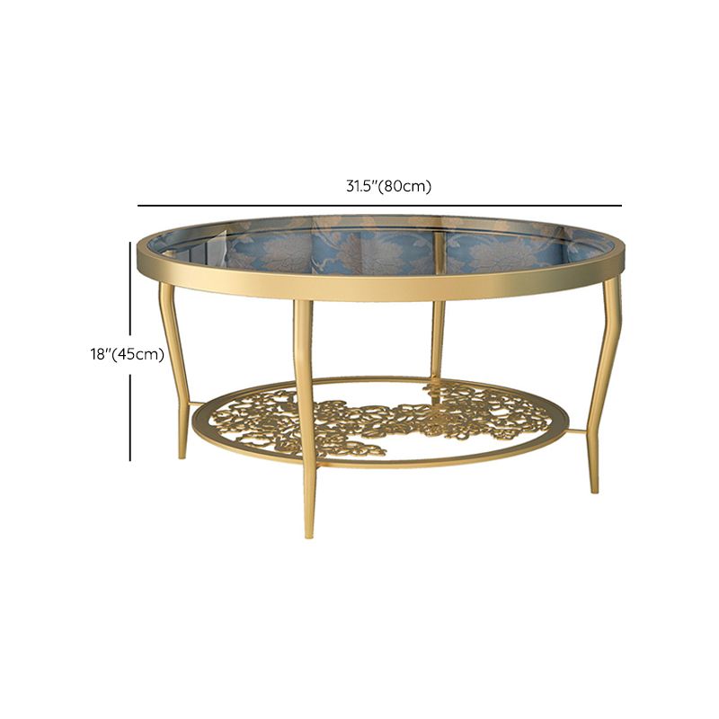 Contemporary Round Glass Top Coffee Table with Iron 4 Legs and Shelf Clearhalo 'Coffee & Accent Tables' 'Coffee Tables' 'coffee_tables' 'furn' 'furn_coffee_tables' 'Furniture' 'Living Room Furniture' 1200x1200_e67cd340-9bbb-45b4-8a5e-85218f9cefcb