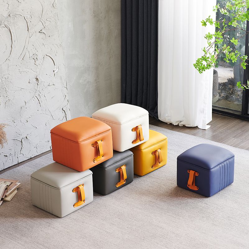 Glam Pouf Ottoman Genuine Leather Stain Resistant Upholstered Solid Color Square Ottoman