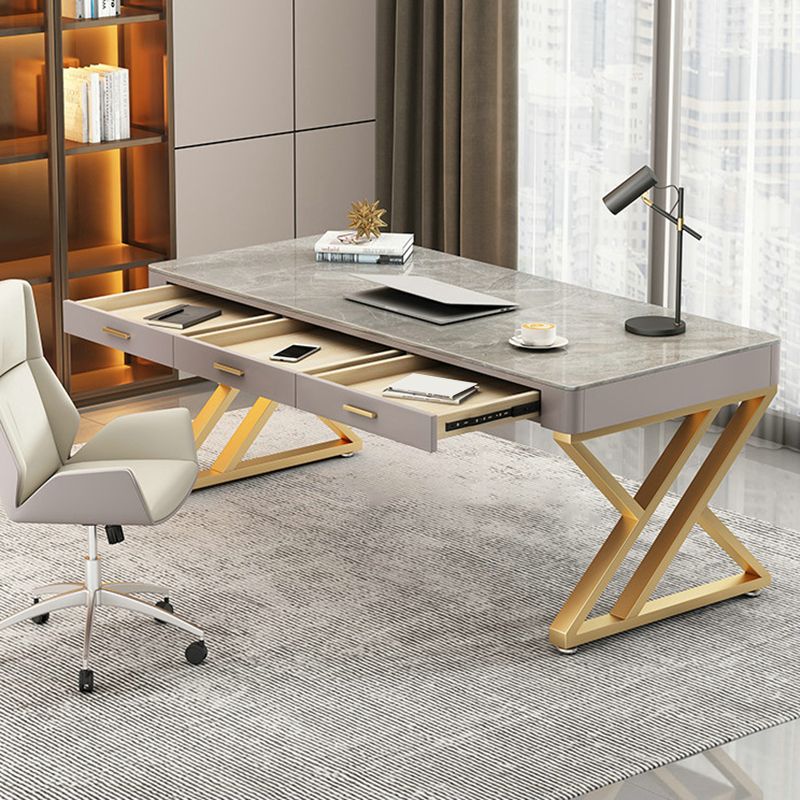Glam Stone Writing Desk Sled Base 29.53" Tall Office Desk with Drawers Clearhalo 'furn' 'furn_office_desk' 'Furniture' 'Office Desks' 'Office Furniture' 'office_desk' 1200x1200_e6abc8c7-952b-46a0-9895-17d35607e56e