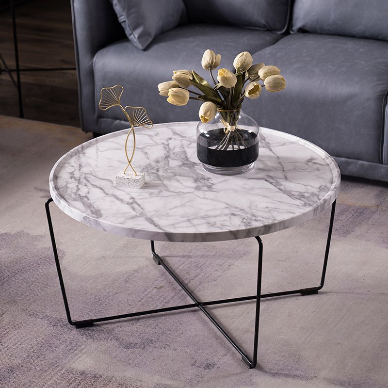 Cross Leg Base Design White/grey Faux Wood Top Metal Iron Round Coffee Table Clearhalo 'Coffee & Accent Tables' 'Coffee Tables' 'coffee_tables' 'furn' 'furn_coffee_tables' 'Furniture' 'Living Room Furniture' 1200x1200_e6d0c05b-7eb5-4f9f-90ce-0e3a09d6e349