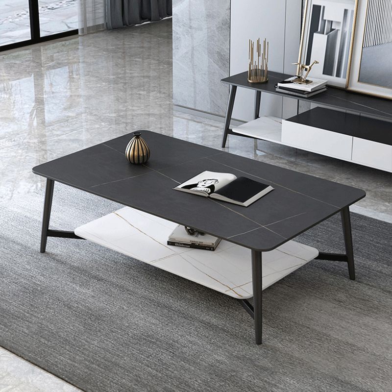 Modern Coffee Table with Storage Shelf and Black Metal Cross Base Clearhalo 'Coffee & Accent Tables' 'Coffee Tables' 'coffee_tables' 'furn' 'furn_coffee_tables' 'Furniture' 'Living Room Furniture' 1200x1200_e6f2a10e-5ad4-4cc6-bf9e-988fc6e9e25c