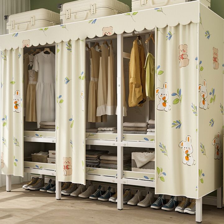 モダンな自立型メタルフレームワードローブ折りたたみ可能なワードローブ付き衣服棒