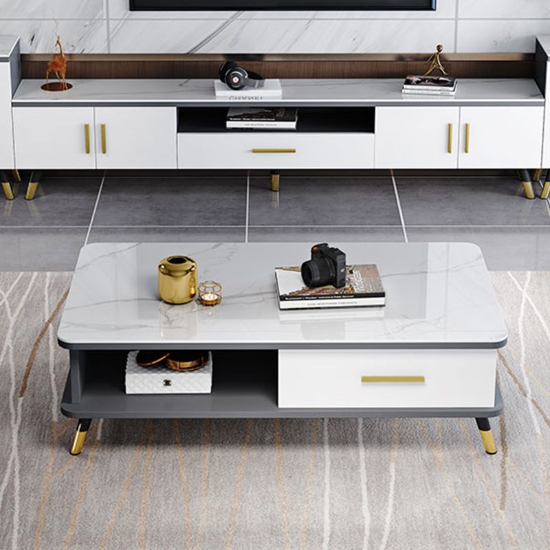 Modernism Rectangular Glass Top Coffee Table 1-Shelf 2-Drawer Cocktail Table Clearhalo 'Coffee & Accent Tables' 'Coffee Tables' 'coffee_tables' 'furn' 'furn_coffee_tables' 'Furniture' 'Living Room Furniture' 1200x1200_e7015083-c014-4b59-8ea6-9794f576e933