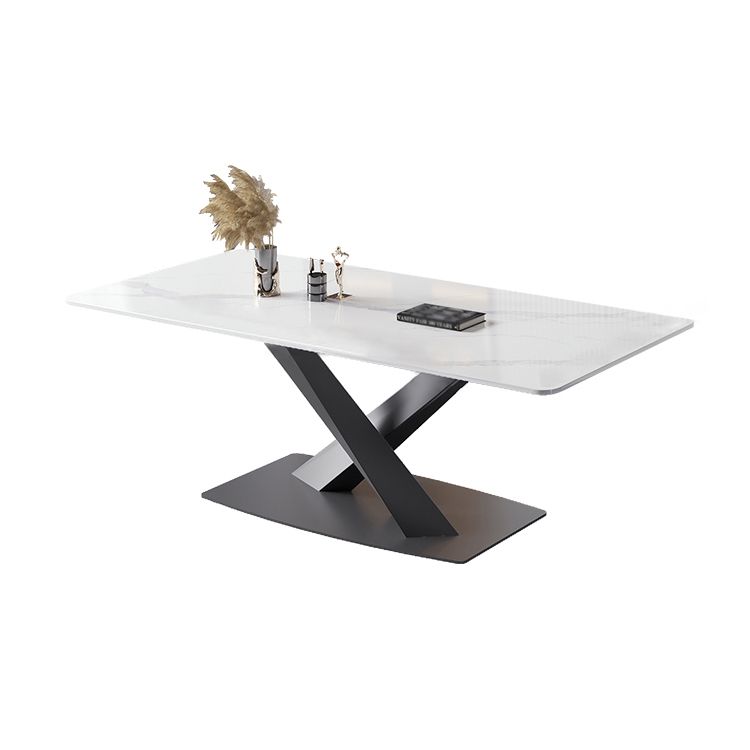 Modern Style Sintered Stone Dining Table with White Table and Trestle Base for Home Use Clearhalo 'Dining Room Sets' 'Dining Tables & Seating' 'dining_room_set' 'furn' 'furn_dining_room_set' 'Furniture' 'furniture_dining_room_set' 'Kitchen & Dining Furniture' 'kitchen&dining_furn' 'kitchen' 1200x1200_e74c7a52-947a-4b78-8721-d63138373435