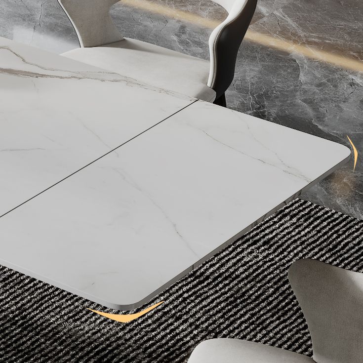 Mesa de comedor de piedra blanca rectangular moderna con pedestal doble de acero negro