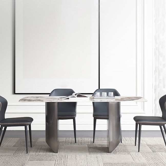 Modern Rectangle Shape Sintered Stone Dining Table Kitchen Dining Table with Double Pedestal Clearhalo ' dining_table' 'Dining Tables & Seating' 'Dining Tables' 'Furniture' 'furniture_dining_table' 'Kitchen & Dining Furniture' 'kitchen&dining_furn' 'kitchen' 'kitchen_dining_table' 1200x1200_e75e80a1-4b88-4383-bf5e-dc9354e0976a