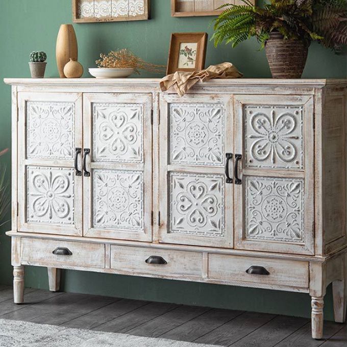 Gabinete de acento industrial con patas y estante de madera gabinete de madera angustiada