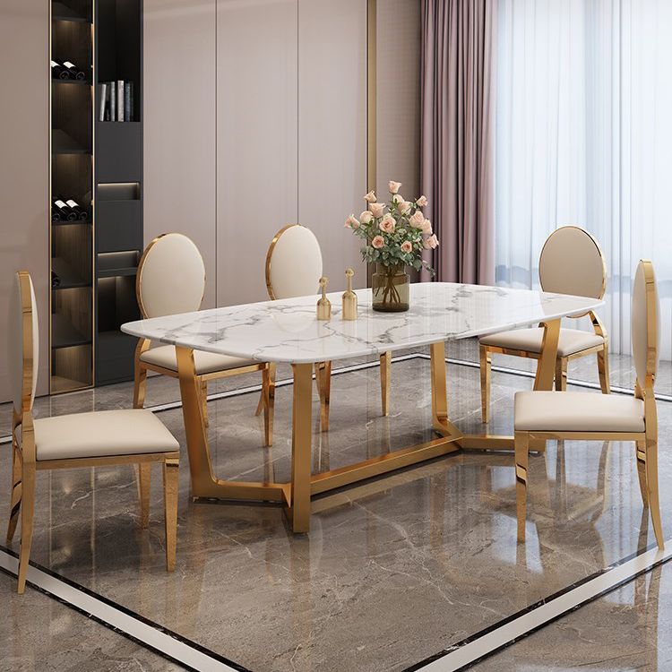 Rectangle Trestle Base Dining Table Glam Style Stone Kitchen Desk Clearhalo 'Dining Tables & Seating' 'Dining Tables' 'dining_table' 'furn' 'furn_dining_table' 'Furniture' 'Kitchen & Dining Furniture' 1200x1200_e7733ea0-e19b-42f5-b068-10119cdc0c82