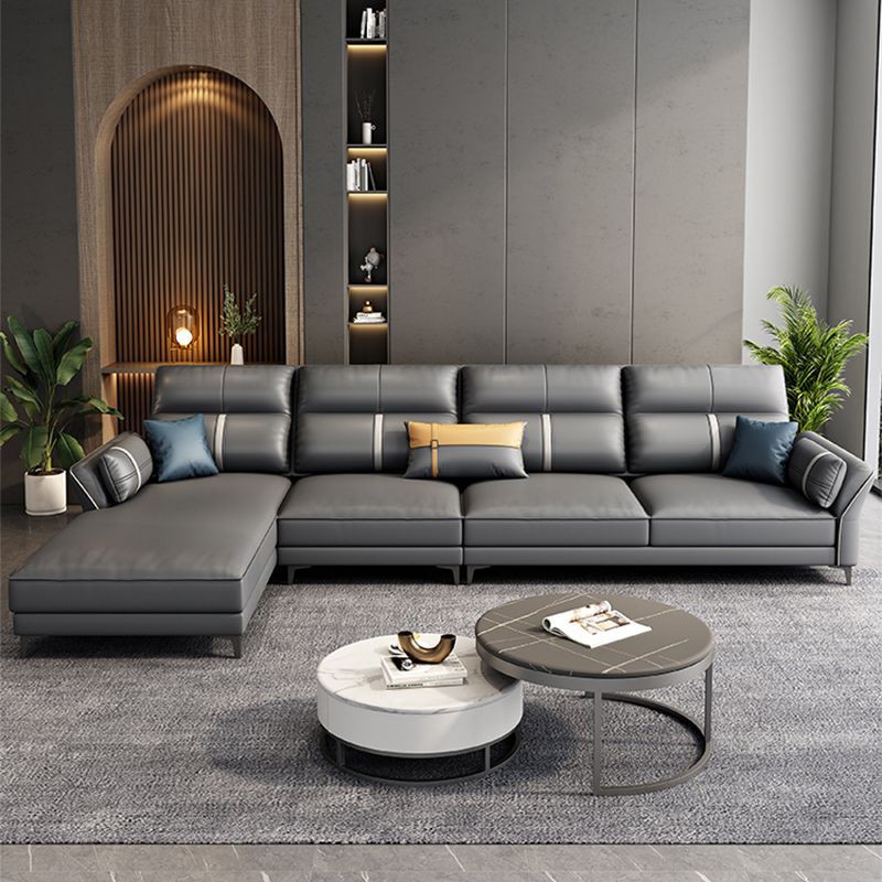 Contemporary Dark Gray Sofa Faux Leather Stain-Resistant Sectional with Pillow Top Arm Clearhalo 'furn' 'furn_sectionals' 'Furniture' 'furniture_sectionals' 'Living Room Furniture' 'Sectionals' 1200x1200_e78526f1-9ce4-40f3-84b9-34507f46fc07