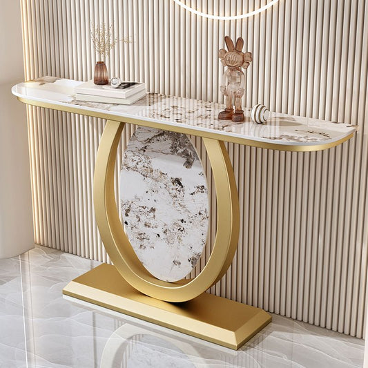 12 inch Wide Glam Console Table Half Moon Stone Accent Table with Legs Clearhalo 'Console Tables' 'console_tables' 'Entry & Mudroom Furniture' 'furn' 'furn_console_tables' 'Furniture' 1200x1200_e7894bd0-522e-4545-94c3-e484818df0d2
