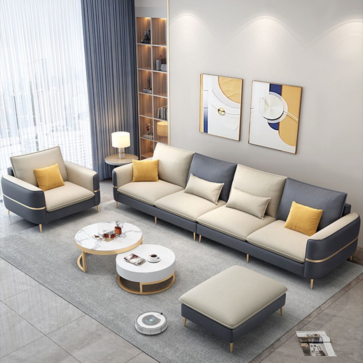 Contemporary Recessed Arm Sofa with Pillows Back and Golden Legs Clearhalo 'furn' 'furn_sectionals' 'Furniture' 'furniture_sectionals' 'kitchen' 'kitchen_sectionals' 'Living Room Furniture' 'Sectionals' 1200x1200_e7d2c63b-a762-43e2-b3a3-c872b28d30df