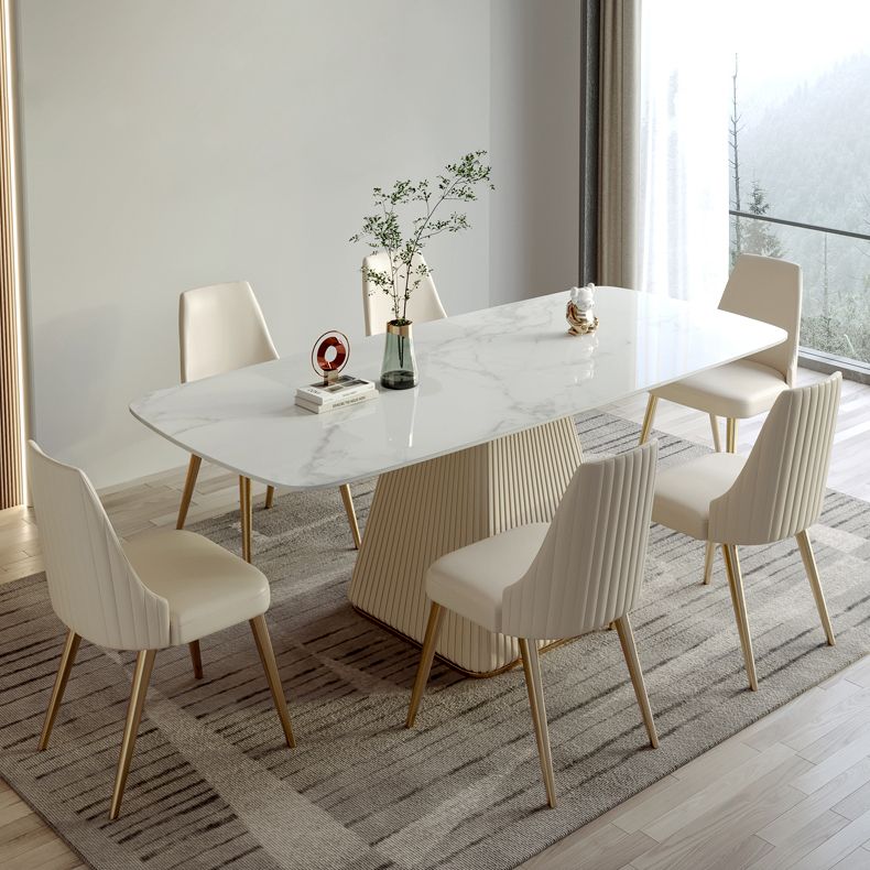 Minimalist Sintered Stone Dining Set for 4/6 Table Set of Metal Gold Base and PU Leather Chairs Clearhalo 'Dining Room Sets' 'Dining Tables & Seating' 'dining_room_set' 'furn' 'furn_dining_room_set' 'Furniture' 'furniture_dining_room_set' 'Kitchen & Dining Furniture' 'kitchen&dining_furn' 'kitchen' 1200x1200_e7dbdf10-61c3-4c9d-bc5c-d060b5c39ff2