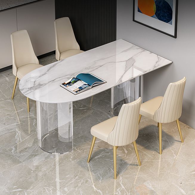 Sintered Stone Top Dining Table Modern White Table with Acrylic Double Pedestal Clearhalo 'Dining Tables & Seating' 'Dining Tables' 'dining_table' 'furn' 'furn_dining_table' 'Furniture' 'furniture_dining_table' 'Kitchen & Dining Furniture' 'kitchen' 'kitchen_dining_table' 1200x1200_e7f30f24-5e7a-4509-a7a6-f588e4126490