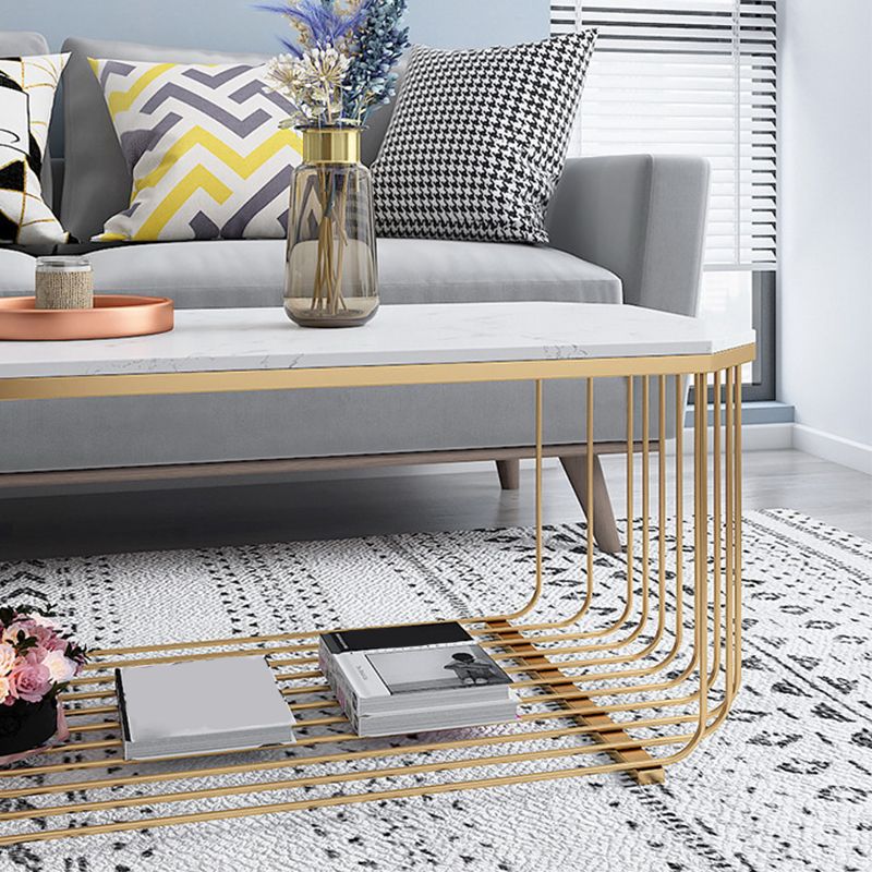 Glam Marble Top Coffee Table with Iron Base and Shelf Cocktail Table